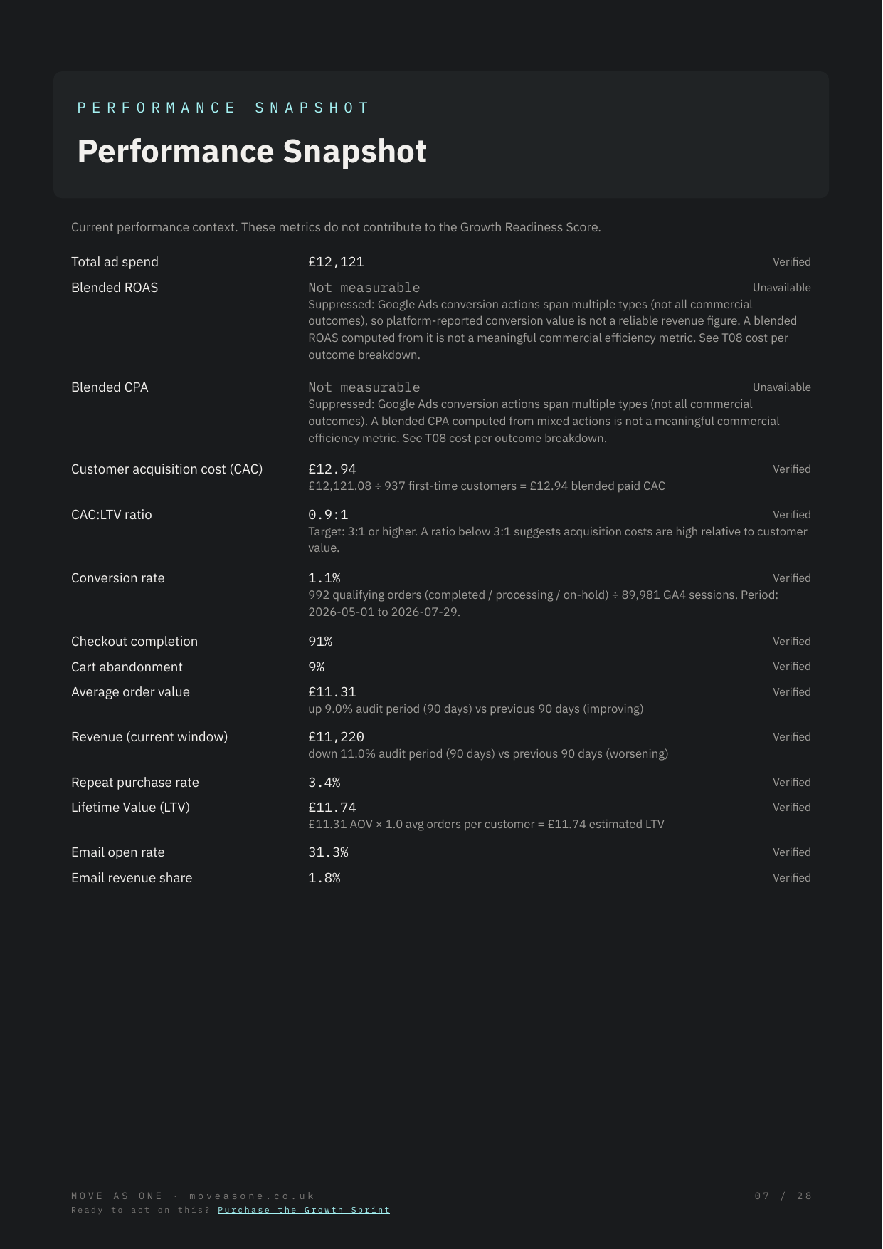 Performance snapshot report page