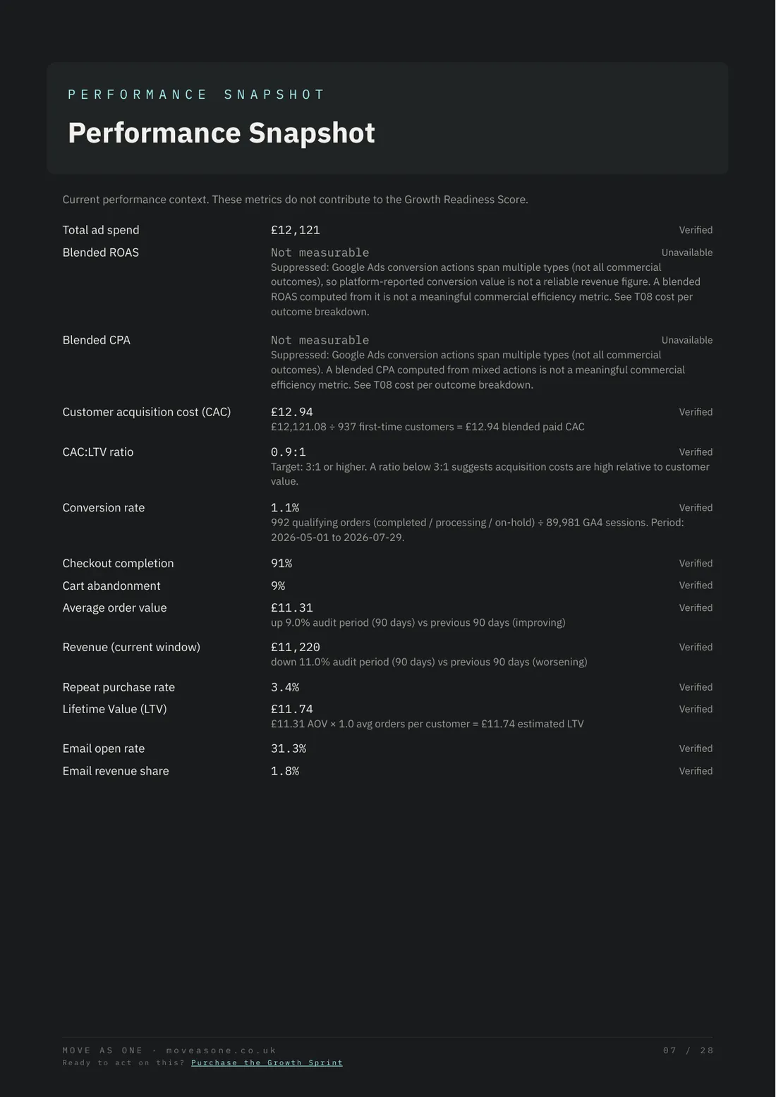 Performance snapshot report page